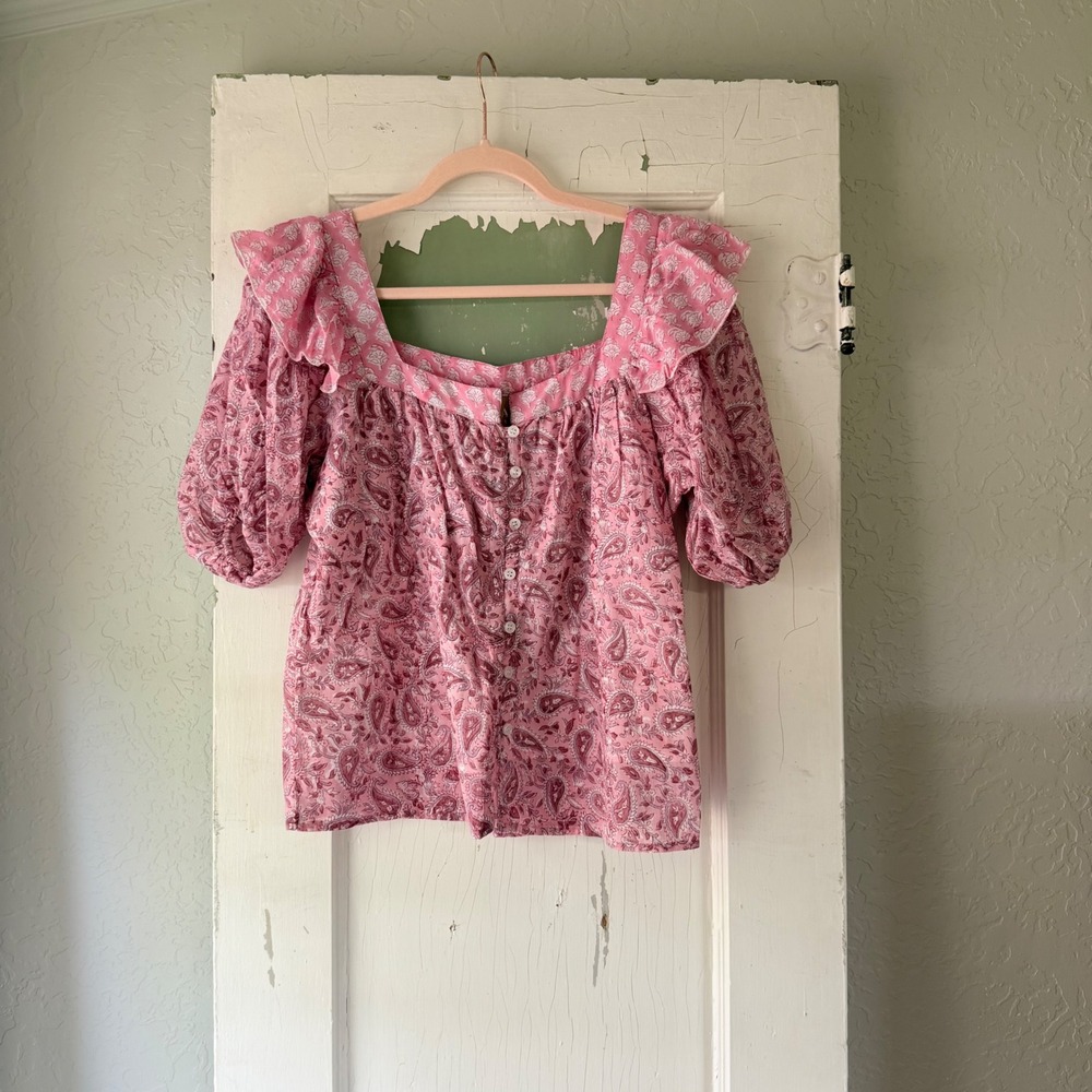 CLARA THE LABEL Pink Paisley Cotton Ruffle Puff Sleeve Blouse Womens Small